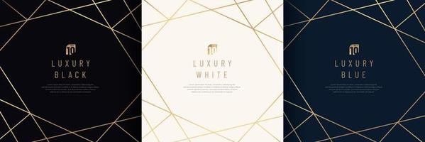 Set of white, dark blue, black frame with geometric golden lines overlap design. Abstract backdrop for cosmetic product. Collection of luxury geometric vector background with copy space. Top view.