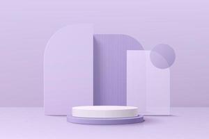 Realistic violet and white 3D cylinder pedestal podium set with geometric set background. Minimal scene for products stage showcase, promotion display. Vector geometric platform. Abstract room design.