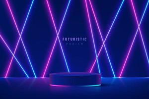 Realistic blue cylinder pedestal podium with illuminate glowing light line neon lamp in futuristic style. Minimal scene for products showcase, Stage promotion display. Vector abstract room platform.