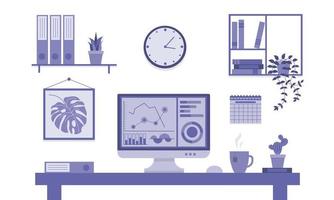 A modern workplace at home or in an office with a computer, books, stationery, a cup of coffee and plants. A convenient desktop for a manager or freelancer. vector