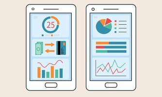 Vector image of smartphone screens with various data, statistics on the smartphone screen in flat style