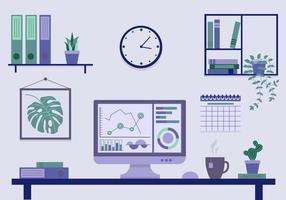 A modern workplace at home or in an office with a computer, books, stationery, a cup of coffee and plants. A convenient desktop for a manager or freelancer. vector