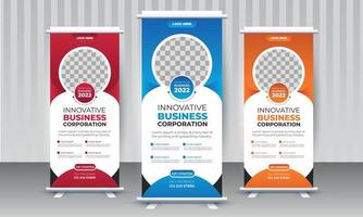 Modern Corporate Roll Up Banner Design Stand Template in multiple eye catching color Red, Blue and Orange for Business corporation or agency with presentation vector