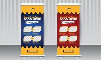 la última plantilla de vector de diseño de banner de comida x rollup con dos variantes de color azul y rojo