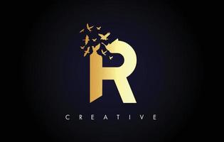 Golden R Logo Letter with Flock of Birds Flying and Disintegrating from the Letter. vector