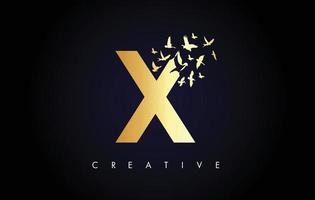 Golden X Logo Letter with Flock of Birds Flying and Disintegrating from the Letter. vector