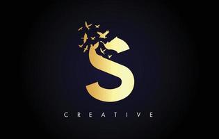 Golden S Logo Letter with Flock of Birds Flying and Disintegrating from the Letter. vector