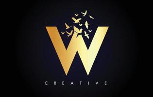 Golden W Logo Letter with Flock of Birds Flying and Disintegrating from the Letter. vector