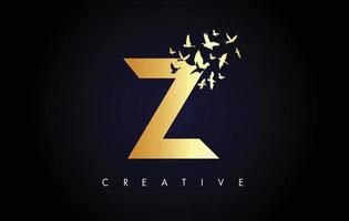 Golden Z Logo Letter with Flock of Birds Flying and Disintegrating from the Letter. vector