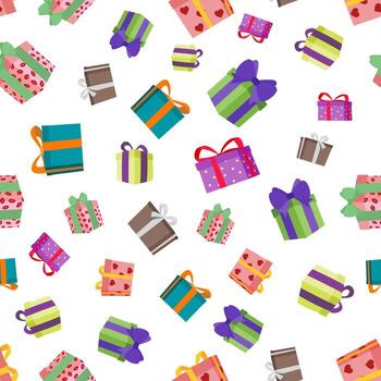 Seamless pattern with gift boxes, vector pattern in cartoon style on white background.