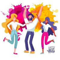 grupo de jóvenes celebra holi. un grupo de hombres y mujeres arrojan salpicaduras de pintura de colores. ilustración vectorial en estilo de dibujos animados plana vector