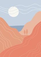 paisaje de arte minimalista abstracto. panorama de las montañas, el mar y el sol blanco caliente. gráficos vectoriales planos dibujados a mano. vector