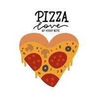 Modern Cartoon Style Pizza slice in heart shape with lettering text - Pizza love in first bite. Design element for Poster Banner decoration Menu, Cafe, delivery, Valentines Day. Isolated flat vector