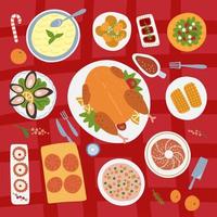 Xmas feast view from above. Traditional Christmas dishes on red tablecloth background. Holiday food on a table. Top view on festive New Year eating. Vector flat hand drawn illustation.