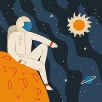 Astronaut in space suit having a rest on alien planet landscape. Cosmos travel in comfort. Space tourism concept. Flat vector illustration.