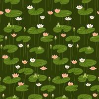 Isometric flat water lily seamless pattern. Pink and white lotuses with frogs. Green flat vector illustration.