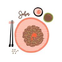 fideos soba de comida japonesa con ilustración de camarones y palillos en estilo plano. vista superior vector