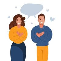 Grateful people saying thank you. Man and woman keeping hands on chest, expresses gratitude, being thankful for help and support. Flat vector illustration