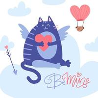 tarjeta de felicitación del día de san valentín, gato cupido que se rompe en la nube con flecha cupido y corazón. ilustración plana vectorial con cita de letras - sé mía. vector