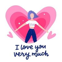 Girl feeling in love with lettering texts - i love you very much - with heart on background. Cute vector, cartoon, valentine s day decoration card, banner, website. vector