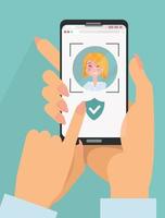 Identity verification. Face detect and recognition. Scanning process on screen mobile. Young woman holds a smartphone in her hands. Face reflection on the screen. Flat cartoon vector illustration