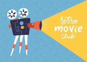 Cool retro movie projector poster, leaflet or banner template with lettering sample text - Retro movie club. Analog device - cinema motion picture film projector with different film reels vector