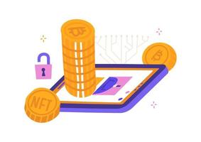NFT non fungible token on phone screen isolated on white background. Stack of crypto coins. Pay for unique collectibles in games or art. Flat vector illustration.