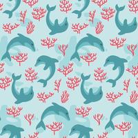 lindo delfín con patrón sin costuras de corales de caña, encantador fondo de verano dibujado a mano. genial para textiles de verano, pancartas, papeles pintados, envoltorios - diseño de vectores planos