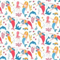 Cute seamless pattern with adult mermaids, dolphins, seaweeds and fish. Sea repeated texture with cartoon characters. Print for kids fabric and wrapping paper. Underwater flat vector background.