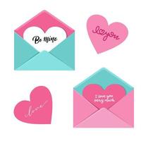 Flat envelopes set on white background. Open envelope with big heart in it, love letter concept with hand lettering quotes. Flat vector illustration