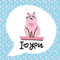 tarjeta de felicitación animal con gato rosa. letras - te amo. lindo gato dibujado a mano. personaje escandinavo de dibujos animados. tarjeta de felicitación de amor. estilo de diseño plano. plantilla del día de san valentín. vector
