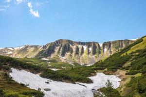 View of frozen lake covered slope of hill against rocky cliff photo