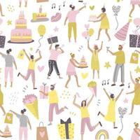 Festive seamless pattern with the group of happy best friends celebrating birthday at the party. Flat vector illustaration.