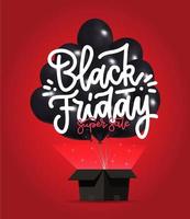 Black Friday Sale Poster with Dark Shiny Balloons Bunch flying from open black box. Vector realistic 3d illustration. Red shiny background with light and lettering text.