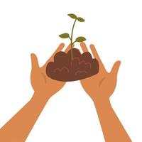 Two Hands holding the soil with a small seedling. Green sprout in human palms. Flat vector illustration on white background. Gardening and healthy food concept for poster, banner