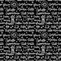 Coffee iseamless pattern. Coffee shop backdrop with lettering text COFFEE, CAPPUCINO, SHOP, ESPRESSO. Doodle style hand drawn words and illustrations. vector