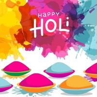 Holi festival celebration background with bowls full of powder colours on splash blot colourful background. Can be used as greeting card design. vector