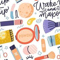 patrón impecable con herramientas de maquillaje, pinceles, crema, polvo y letras: despertar y maquillar. fondo colorido de cosméticos. ilustración de iconos dibujados a mano plana vectorial vector