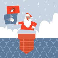 Trendy Santa Claus sitting on chimney stuck or smoke funnel. Christmas holiday character holding gift boxes on brick pipe. Merry Christmas flat vector illustration.