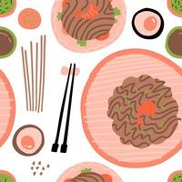 Seamless pattern with soba noodles with chopsticks. Vector flat graphics. Top view composition.