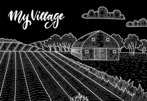 Rural landscape with field, Old barn house, trees, field panorama. Chalk drawing on the blackboard vector linear sketch illustration. Countryside background with lettering My village
