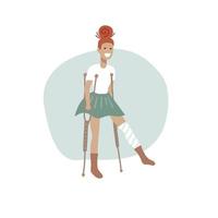 joven mujer herida con una pierna vendada en muletas, retrato de cuerpo entero. concepto de ilustración plana vectorial. vector