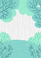 Doolde deep forest background, nature landscape with deciduous trees,green grass, flowers, bushes. Scenery view, summer or spring wood flat hand drawn vector illustration