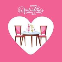 feliz día de san valentín mesa de restaurante con corazón. diseño de ilustración vectorial plana con letras a mano para tarjetas de invitación vector