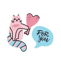 Cute and funny pink cat character. Kitten gives a heart-shaped chicken leg holding it in its paw. yand drawn cartoon vector illustration isolated on white background for comic print to Valentines day