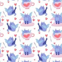 Seamless pattern with funny winged cats, feline cupids in clouds, hearts. Creative background on Valentine s day greetinc card. Flat vector illustration.