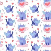 Seamless pattern with funny winged cats, feline cupids in clouds, hearts. Creative background on Valentine s day greetinc card. Flat vector illustration.