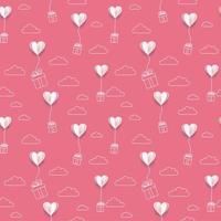 Valentines paper put hearts balloons with line art gift boxes and clouds background. Seamless patern for Happy Mother s or Valentine s Day greeting card design. Vector 3d and flat illustration