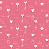 Valentines paper put hearts balloons with line art gift boxes and clouds background. Seamless patern for Happy Mother s or Valentine s Day greeting card design. Vector 3d and flat illustration