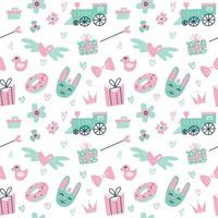 Seamless pattern with Cute rabbit, train, gift boxes. Scandinavian style flat illustration in pastel colors. Good for kids fabric, textile, nursery wallpaper and gift wrap. vector